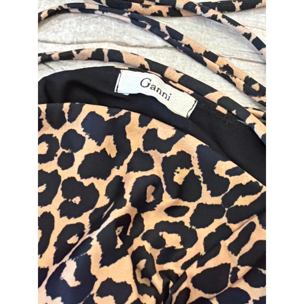 Ganni Sunshine Leopard Print One Piece Swimsuit V-Neck Strappy Back Tan Black